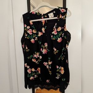 Janet Chung Navy Floral Tie Back Tank w Lace Trim